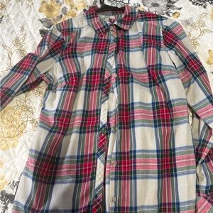 Plaid Button-Up Shirt in hot pink, navy, green, on grey.